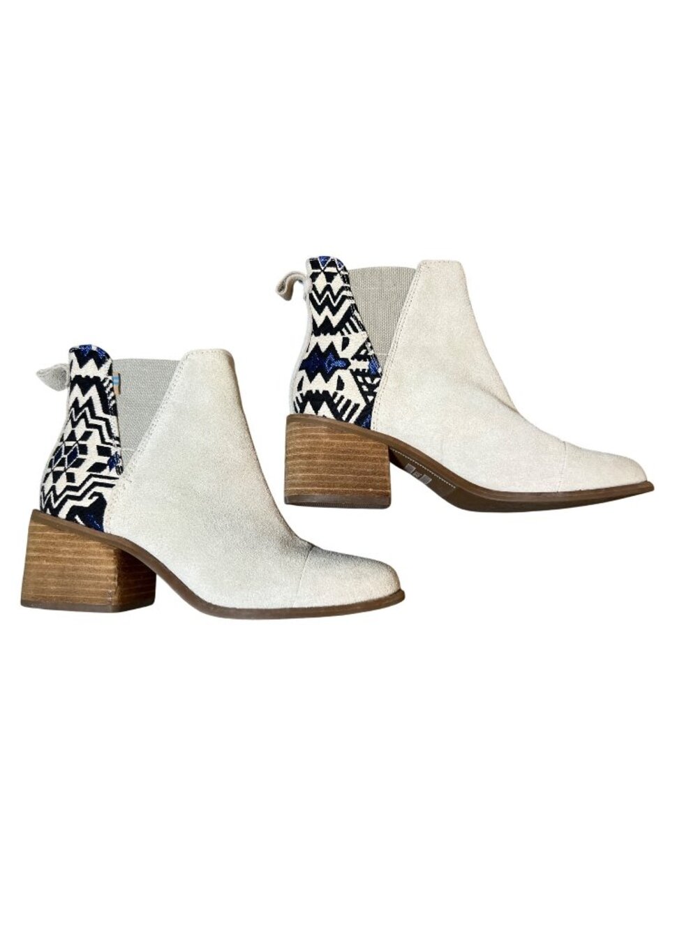 TOMS Esme Suede‎ Ankle Booties Aztec Geometric Birch White Blue Women's 7.5